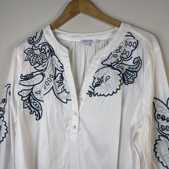 Chico's 3 XL Embroidered Poplin Split neck Shirt bohemian blue cottagecore - Picture 3 of 12